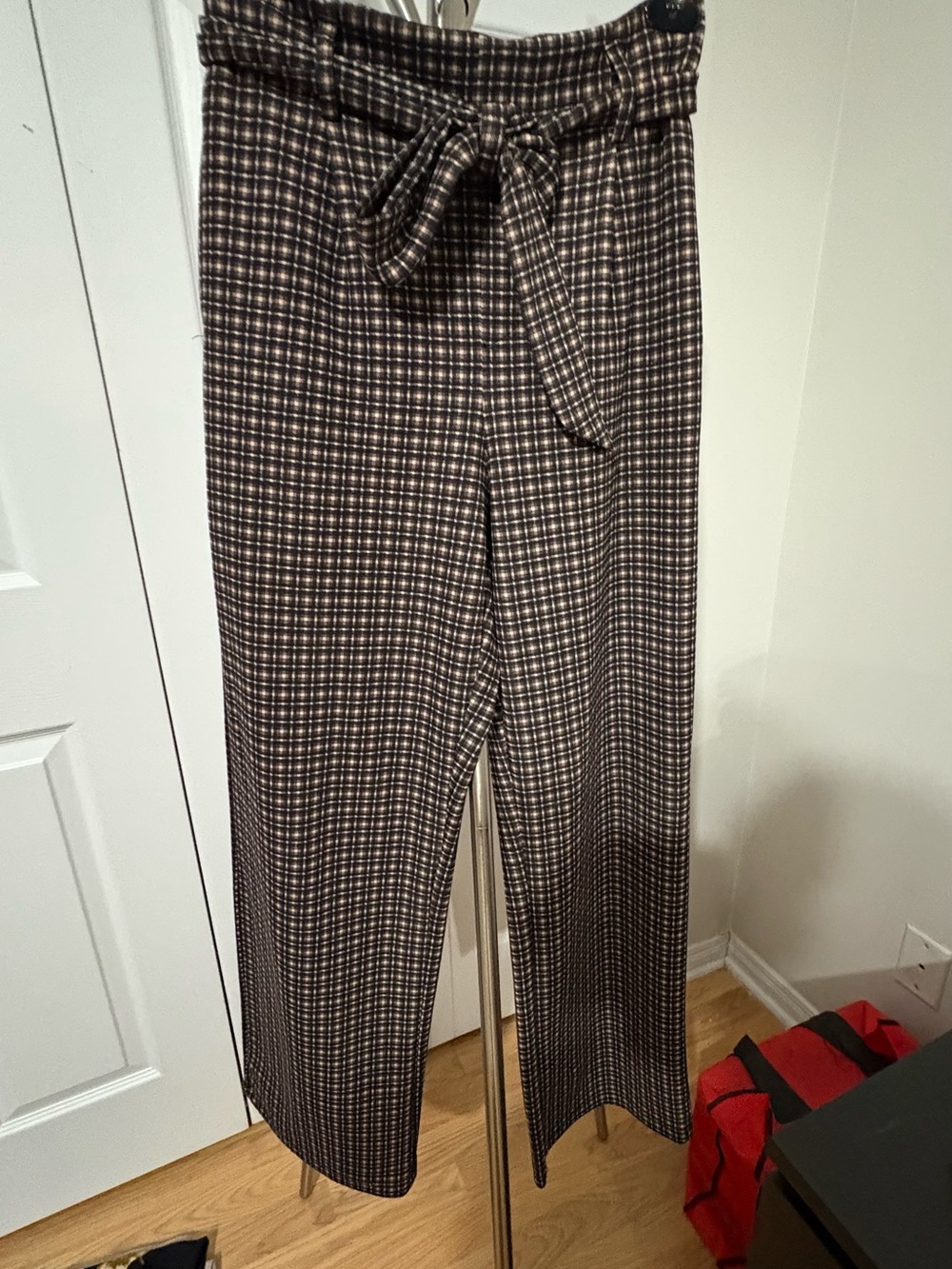 Ardene Brown Plaid Paperbag Waist Wide-Leg Pants